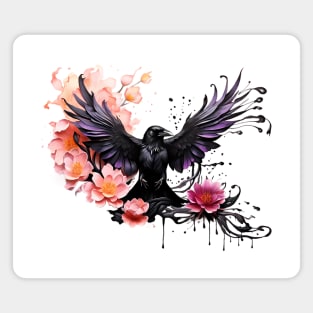 Raven and lotus flowers - Ink dripping effect Magnet